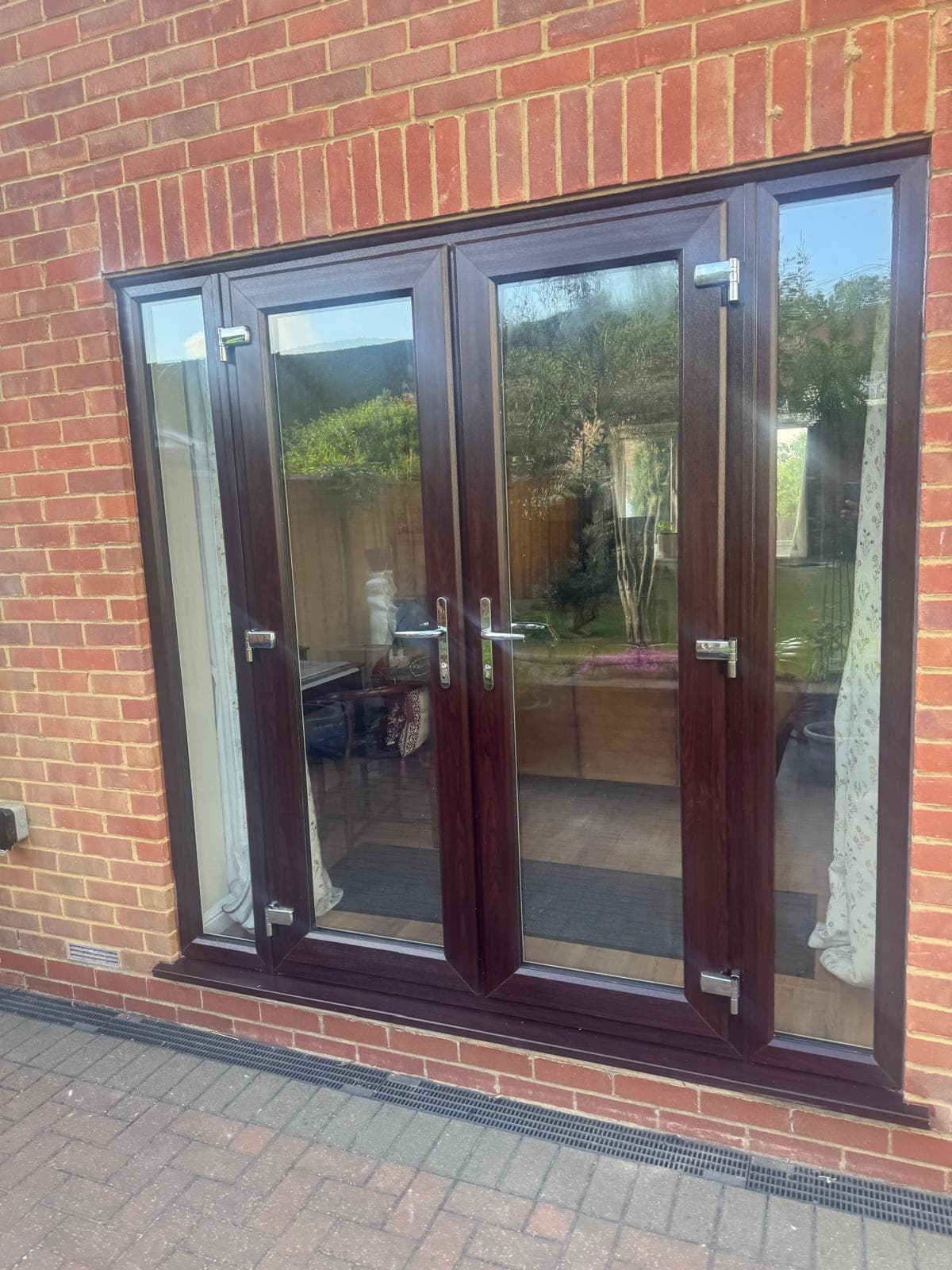 Rosewood uPVC French doors with sidelights