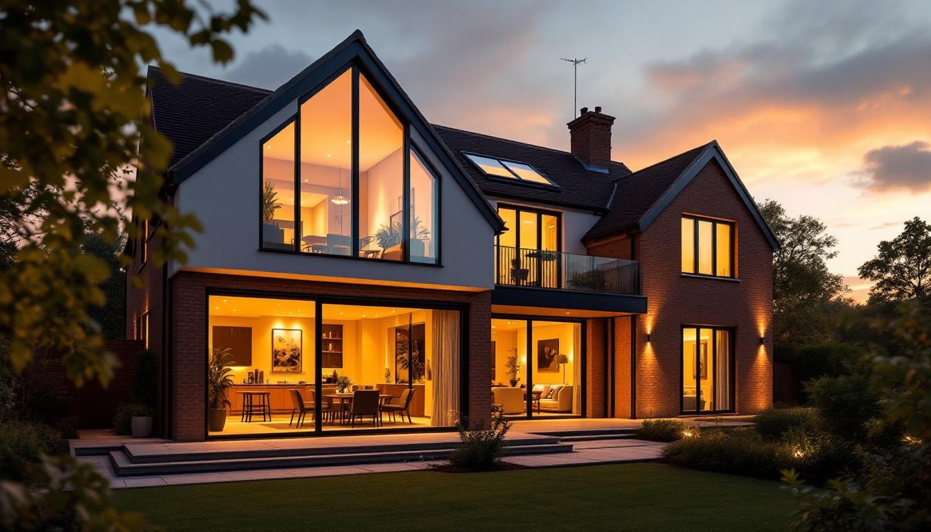 Modern British home at dusk with warm light glowing through aluminium windows and bifold doors