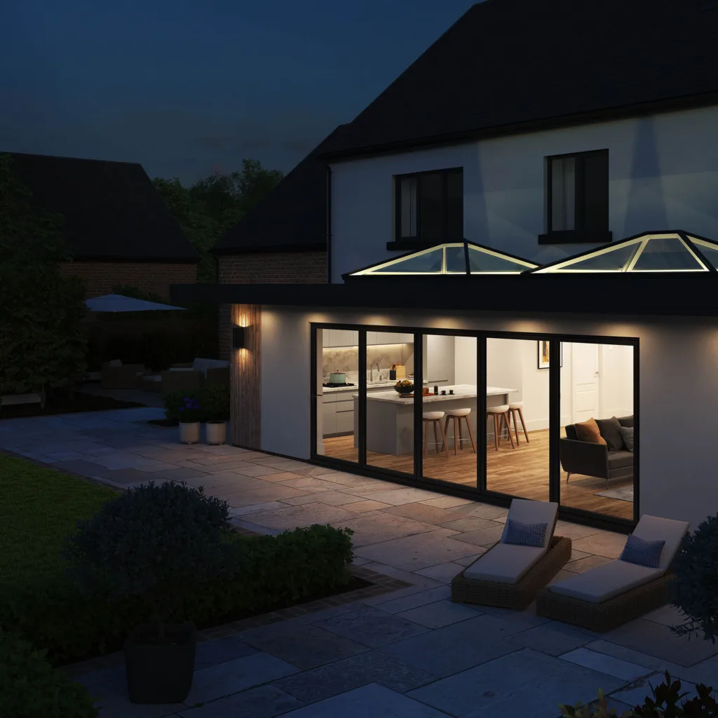 Modern glass room extension at dusk with bifold doors and roof lanterns